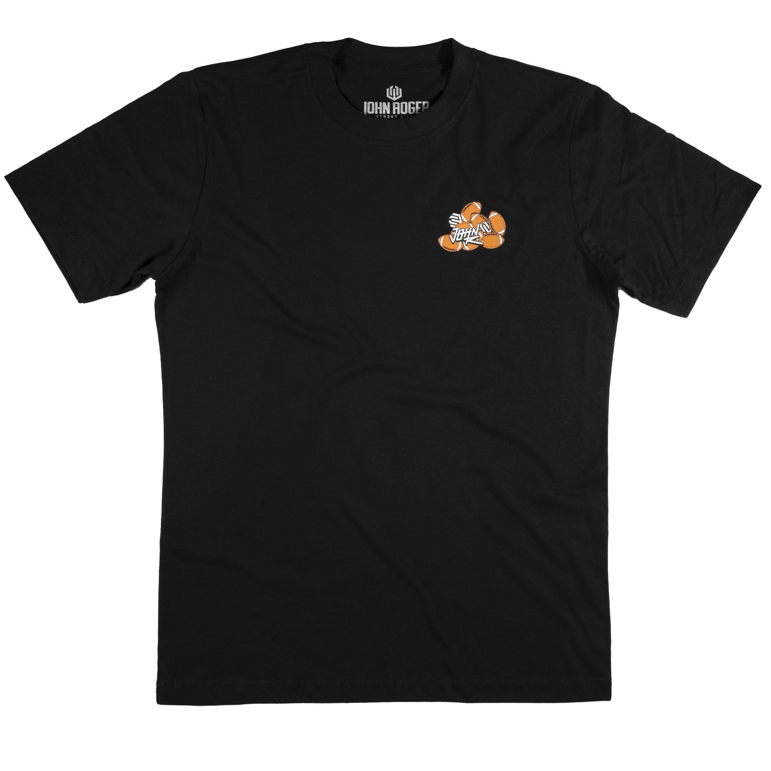 Men&#39;s black short-sleeve T-shirt with a front print. The print features the word &quot;JOHN&quot; in front of several American footballs.