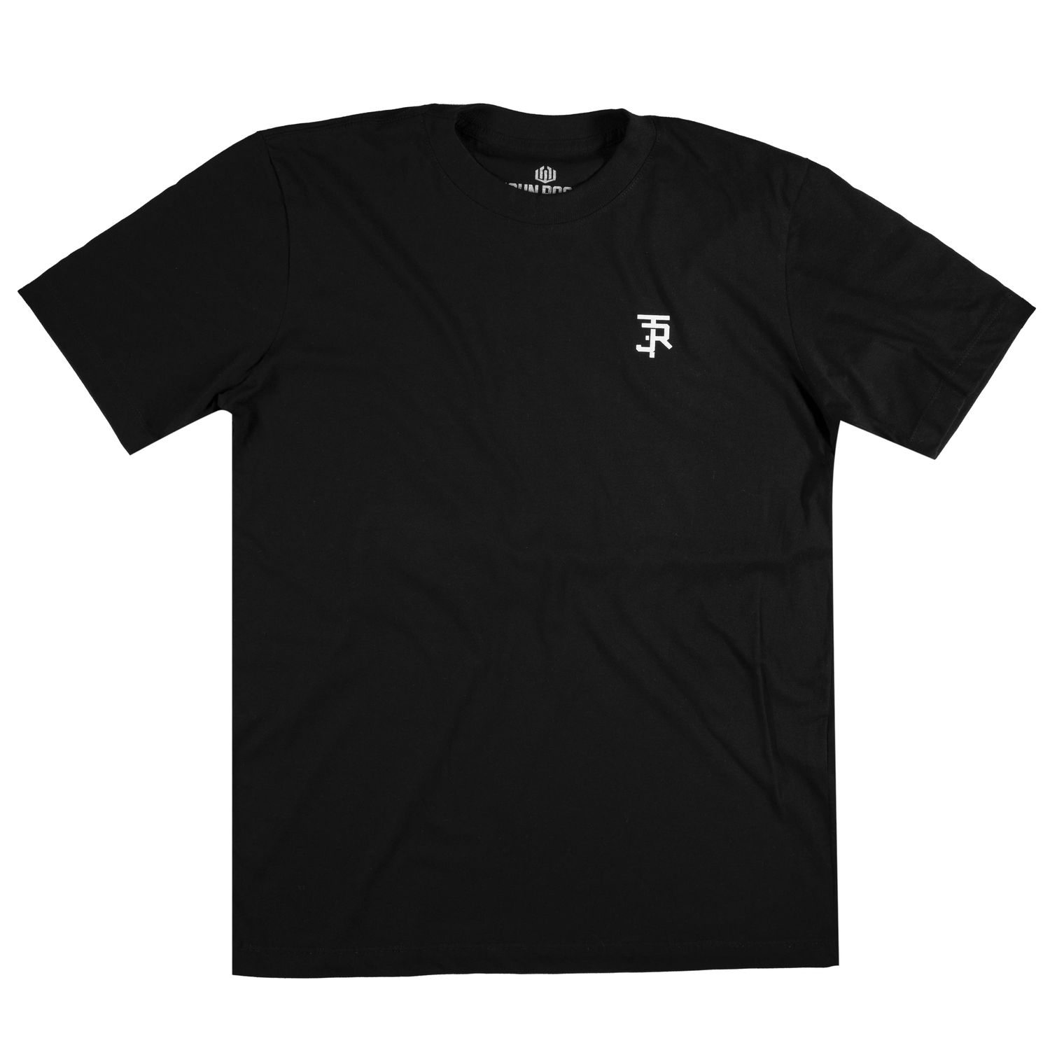 Men&#39;s black basic short-sleeve T-shirt with a rubberized silk &quot;JR&quot; logo on the chest.
