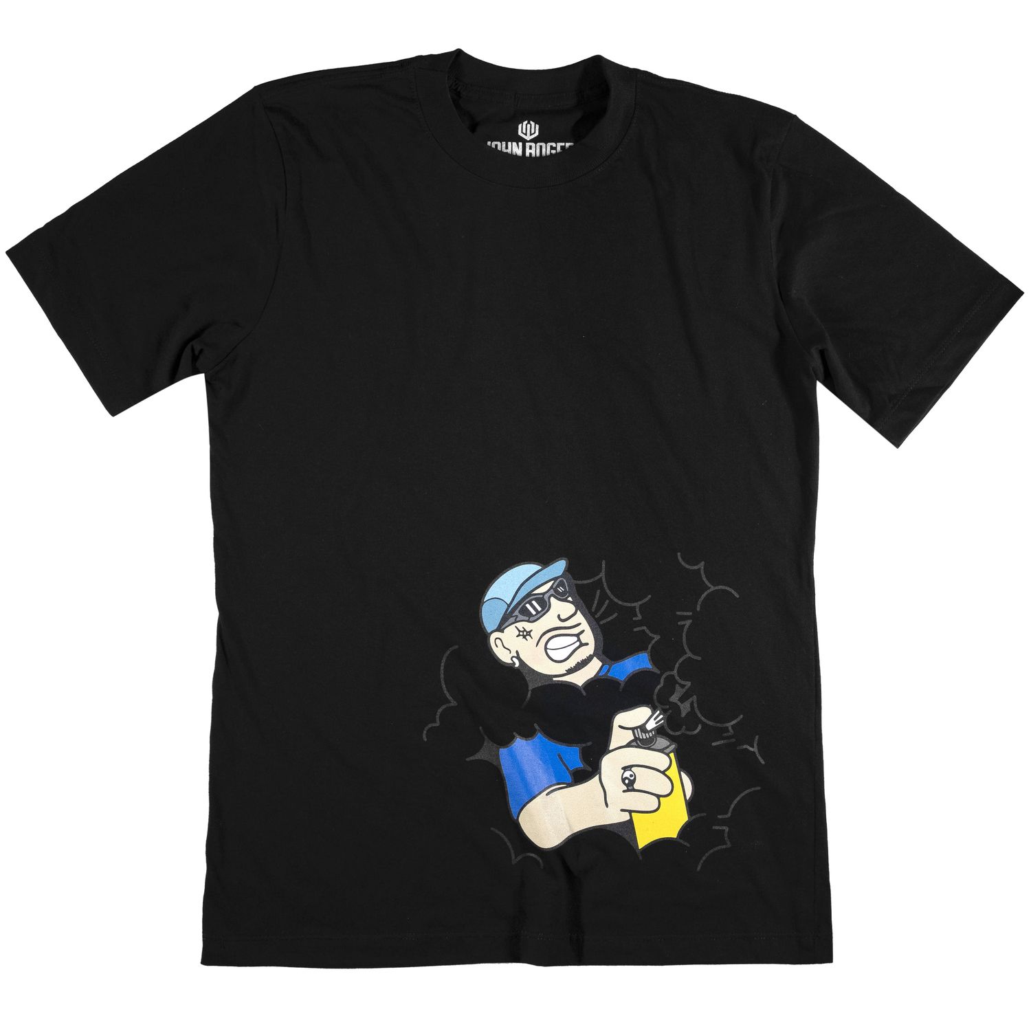 Men&#39;s black short-sleeve T-shirt with a front illustration of a man squeezing a spray paint can, creating a cloud of smoke around him.