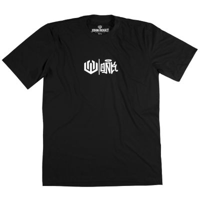 Men&#39;s black short-sleeve T-shirt with a front print featuring the John Roger logo along with the word &quot;OAK&quot; as a small chest print.