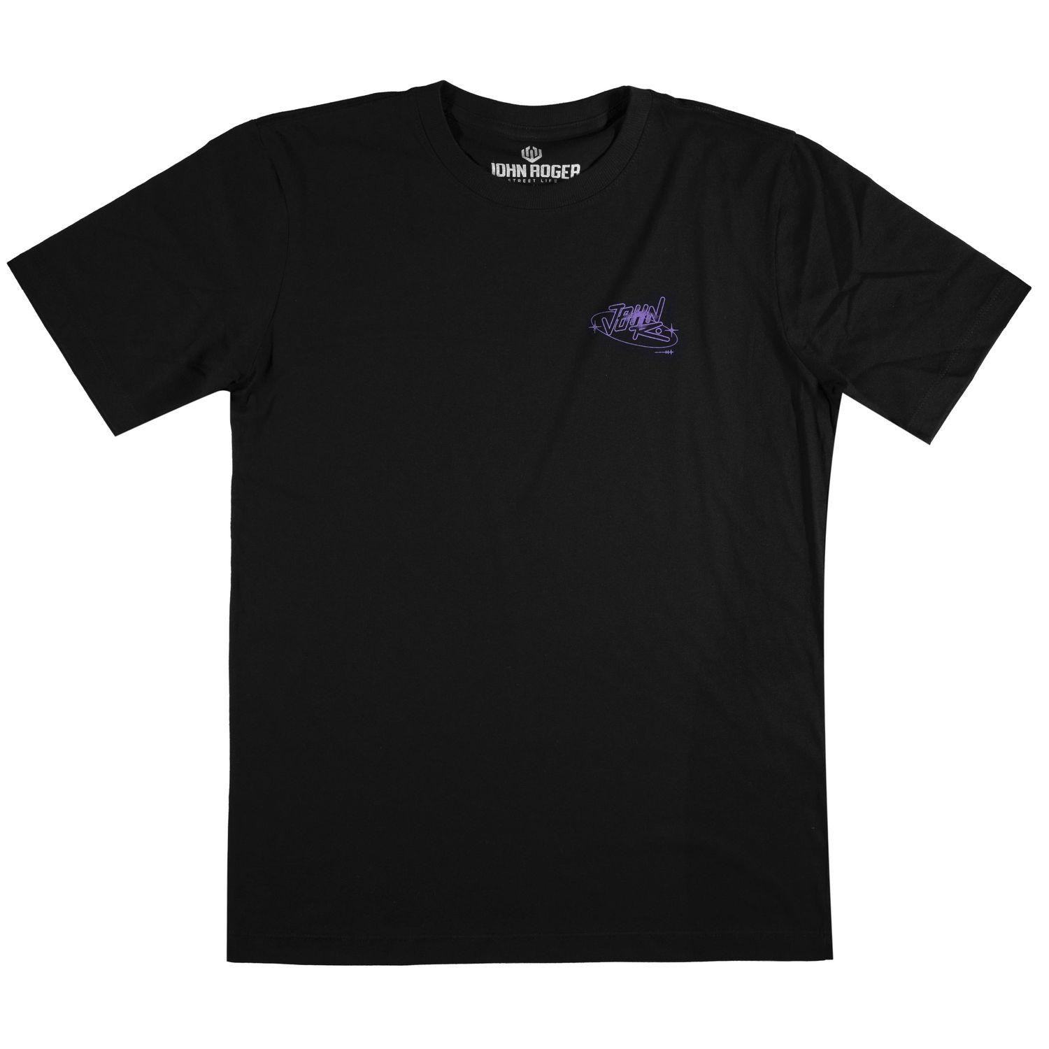  Men&#39;s black short-sleeve T-shirt with a purple &quot;JOHN&quot; print on the side of the chest.