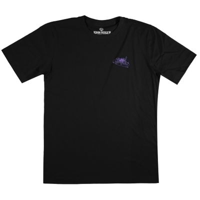  Men&#39;s black short-sleeve T-shirt with a purple &quot;JOHN&quot; print on the side of the chest.