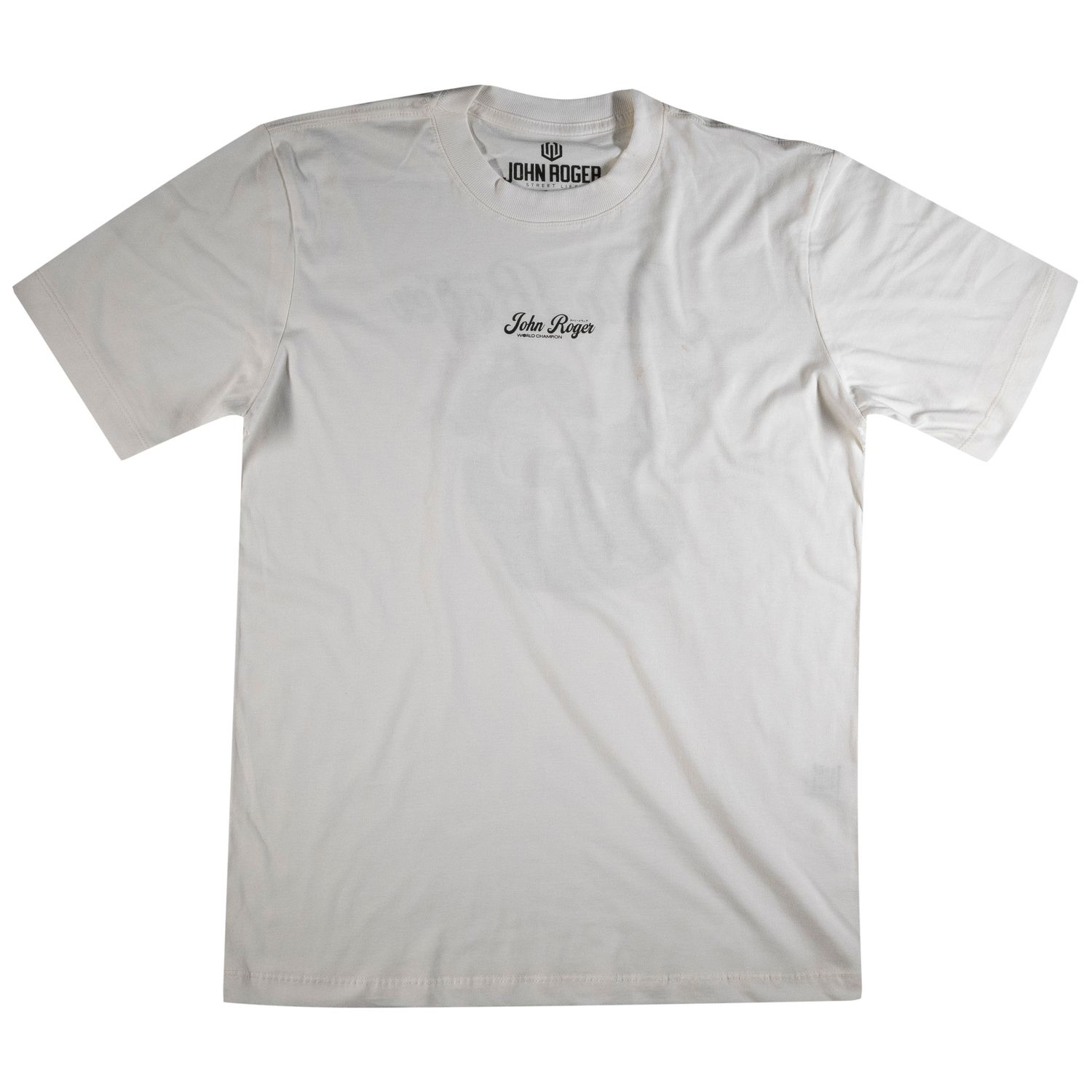 Camiseta manga curta masculina off white com escrita &#39;John Roger&#39; estampada no cento do peito