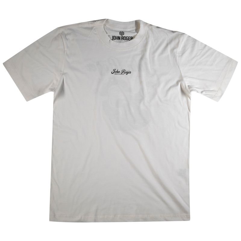 Camiseta manga curta masculina off white com escrita &#39;John Roger&#39; estampada no cento do peito