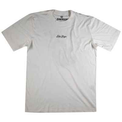 Camiseta manga curta masculina off white com escrita &#39;John Roger&#39; estampada no cento do peito