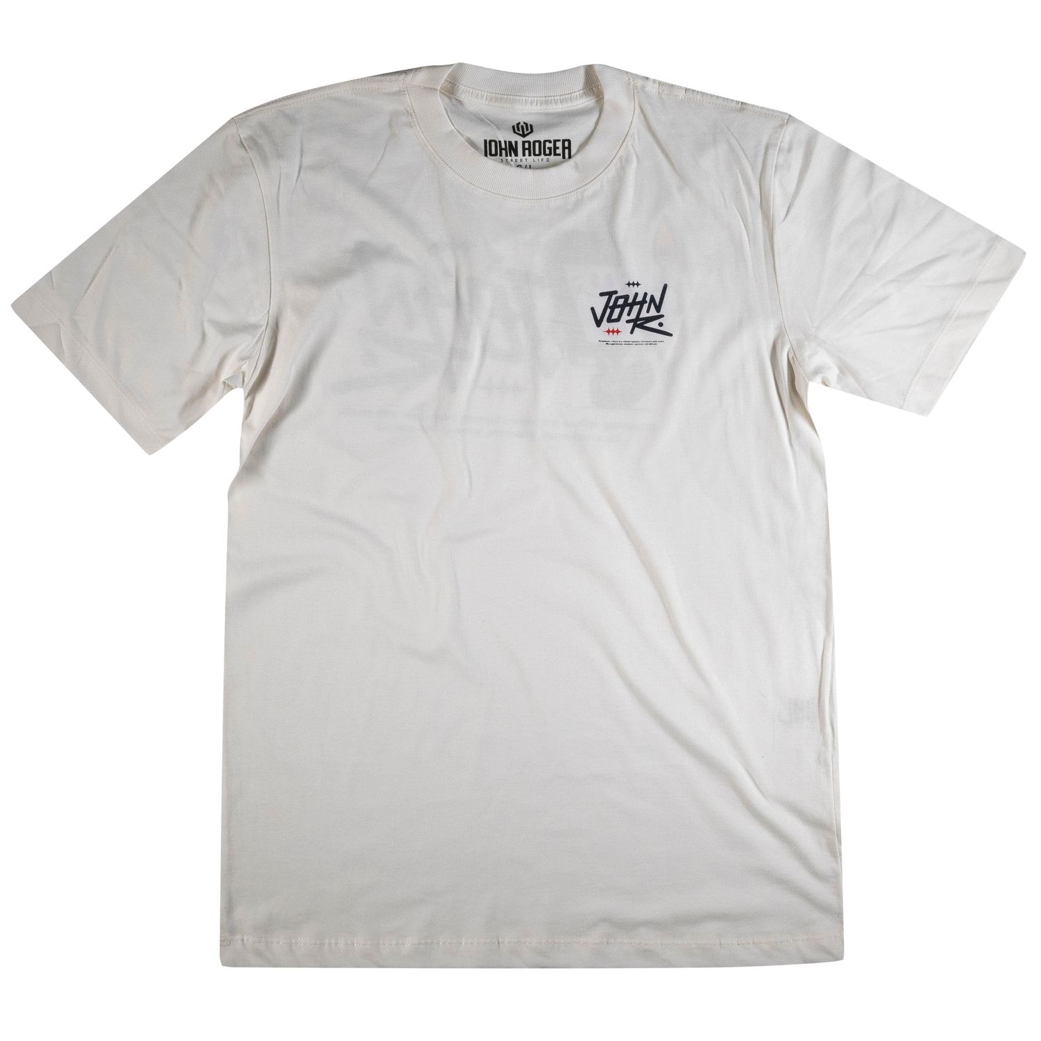 Camiseta manga curta masculina off white com escrita &#39;John Roger&#39; estampada no cento do peito