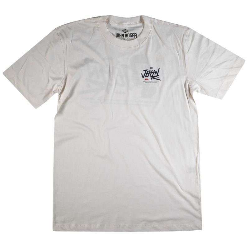 Camiseta manga curta masculina off white com escrita &#39;John Roger&#39; estampada no cento do peito
