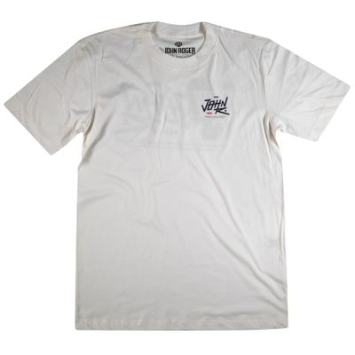Camiseta manga curta masculina off white com escrita &#39;John Roger&#39; estampada no cento do peito