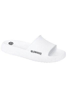 Chinelo slide unissex na cor branco, com faixa larga frontal e design minimalista. Possui entressola texturizada para maior aderência e conforto. Marca &#39;John Roger&#39; estampada na lateral da faixa e logomarca no calcanhar. Ideal para compor looks casuais e despojados.
