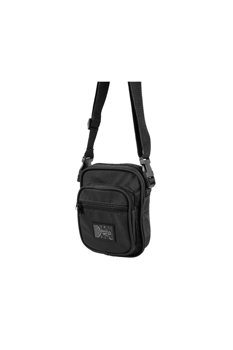 Shoulder bag de tamanho pequeno de formato levemente quadrado na cor preto. Possui 3 compartimento externos, todos com fechamento em zíper. Etiqueta emborrachada centralizada com a Logomarca da &#39;John Roger&#39;, além de alça de ombro ajustável.