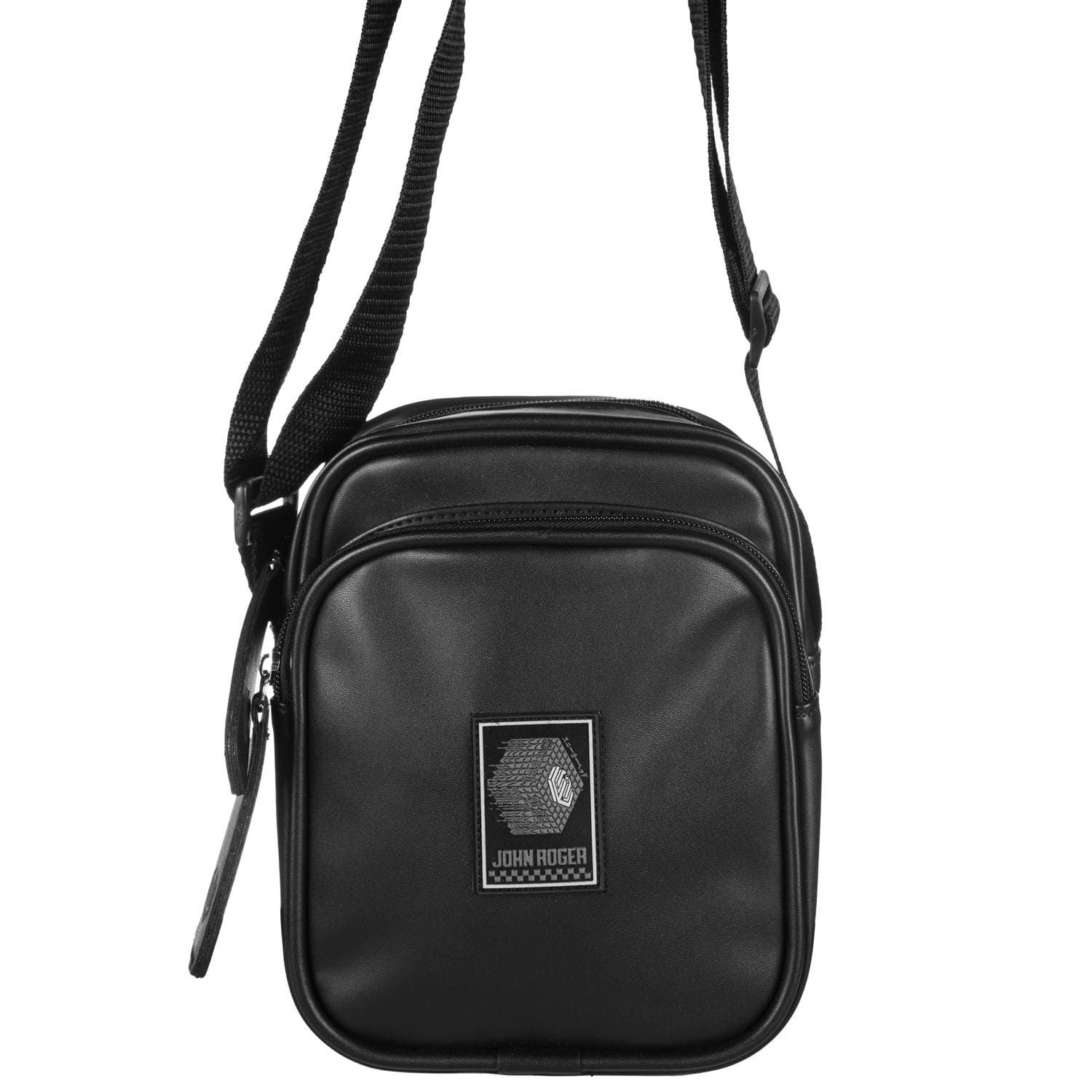 Shoulder bag de tamanho pequeno de formato quadrado em couro sintético na cor preto. Possui 2 compartimentos externos, todos com fechamento em zíper com detalhe estilizado no puxador, uma etiqueta embutida na parte frontal, que apresenta um padrão geométrico e o nome &#39;JOHN ROGER&#39;.  além de alça de ombro ajustável.