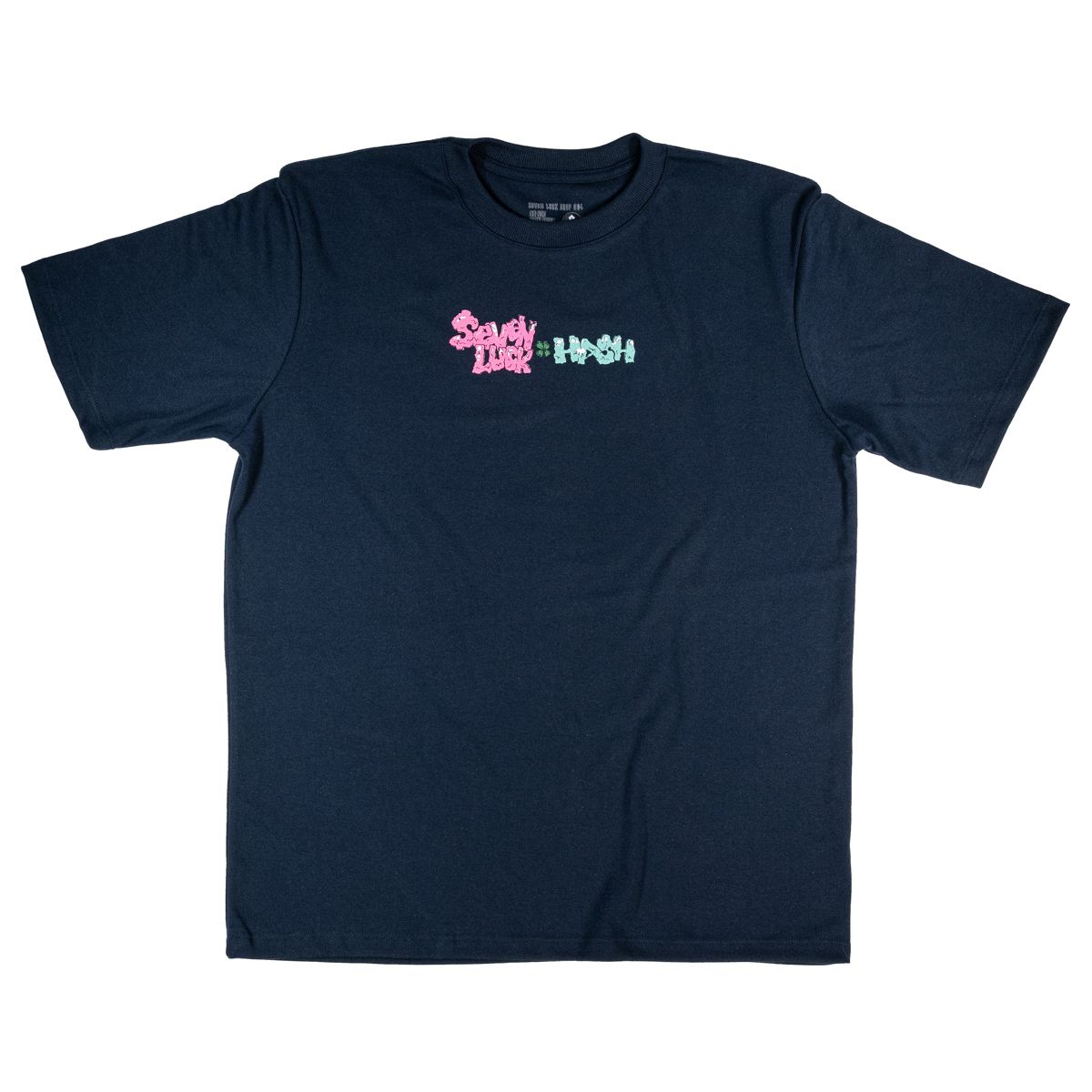 camiseta suedine masculino gola redonda marinho, ilustracao &#39;Seven Luck x Hash&#39; centralizado no peito