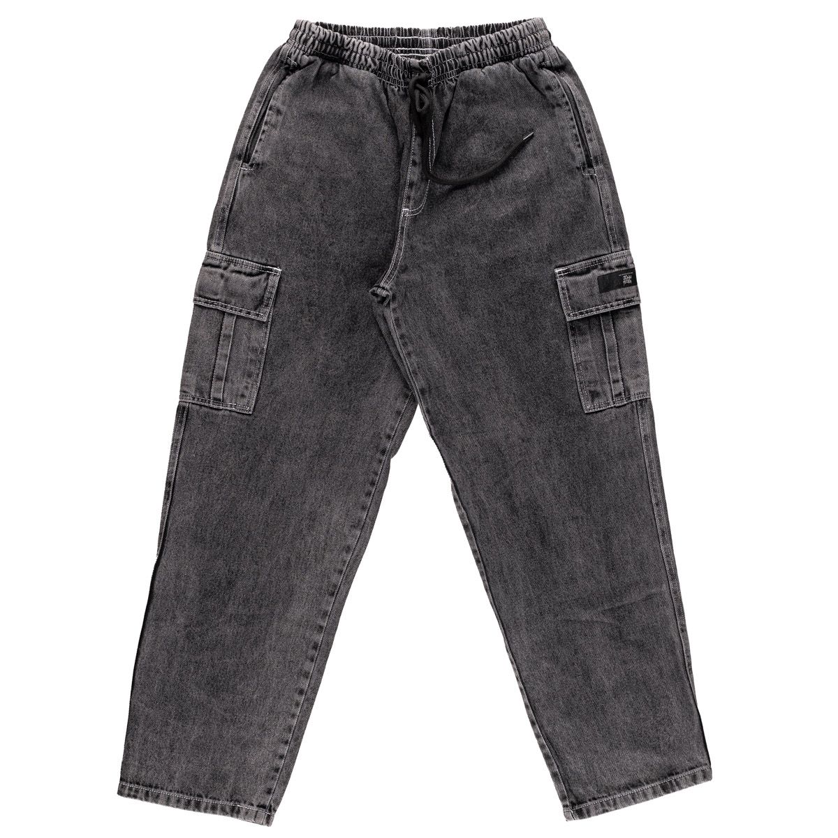 CALÇA JEANS LAVADA MESCLA ESCURA COM BOLSOS LATERAIS E CORDAO 