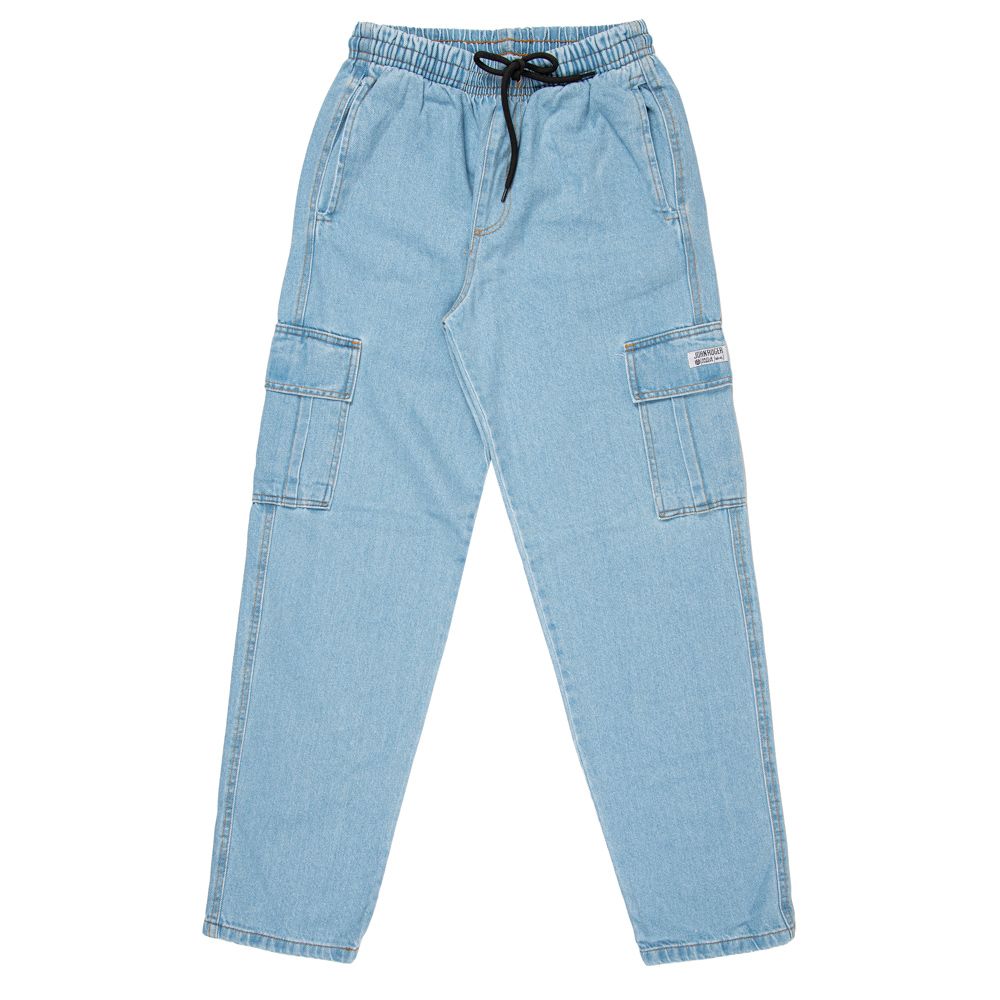 CALÇA RETA JEANS CLARO COM BOLSO LATERAL E CORDAO COM ELASTICO NA CINTURA 