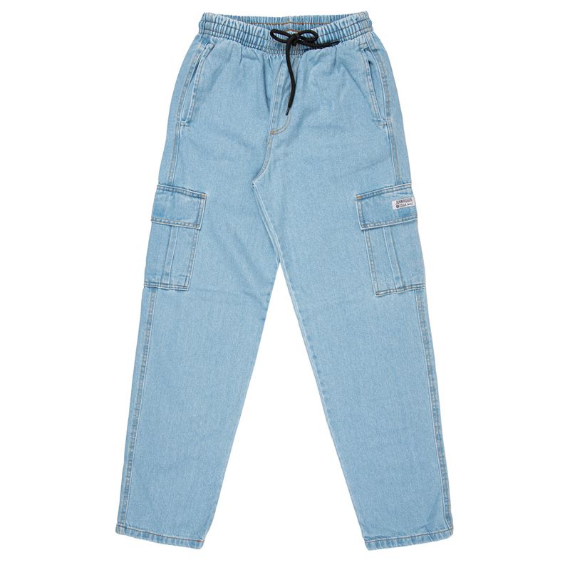 CALÇA RETA JEANS CLARO COM BOLSO LATERAL E CORDAO COM ELASTICO NA CINTURA 