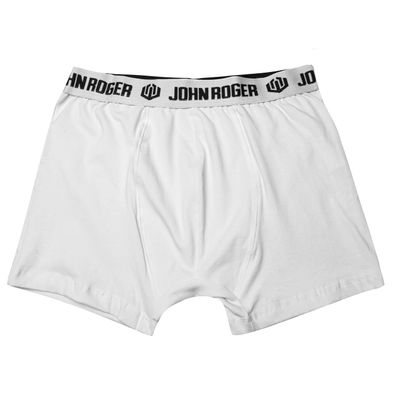 Uma cueca branca, com elastico estilizado com a escrita 'John Roger' e a logo alternando
