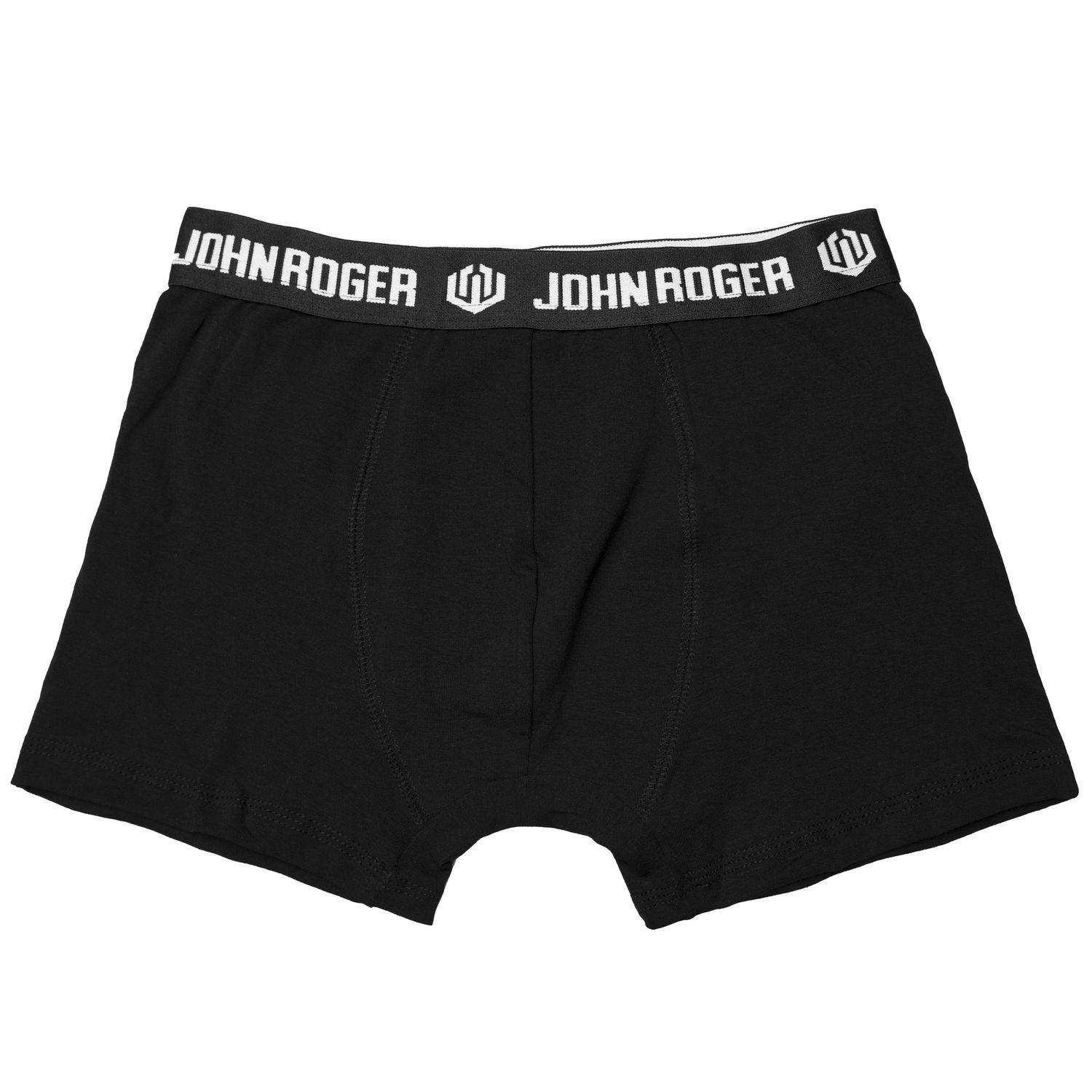 Uma cueca preta, com elastico estilizado com a escrita 'John Roger' e a logo alternando