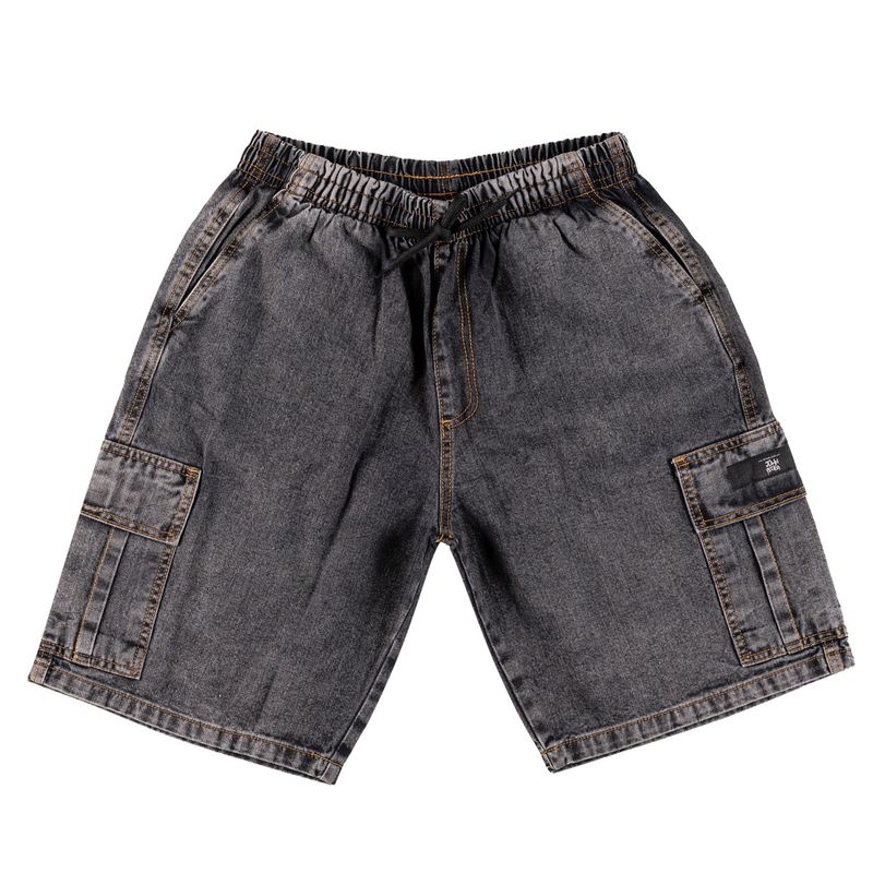 BERMUDA JEANS LAVADA MESCLA ESCURA COM BOLSOS LATERAIS E CORDAO 