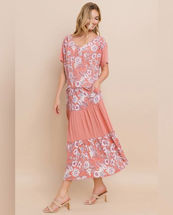 Yelete | Sets| Flowy Floral Skirt & Top | Salmon Pink