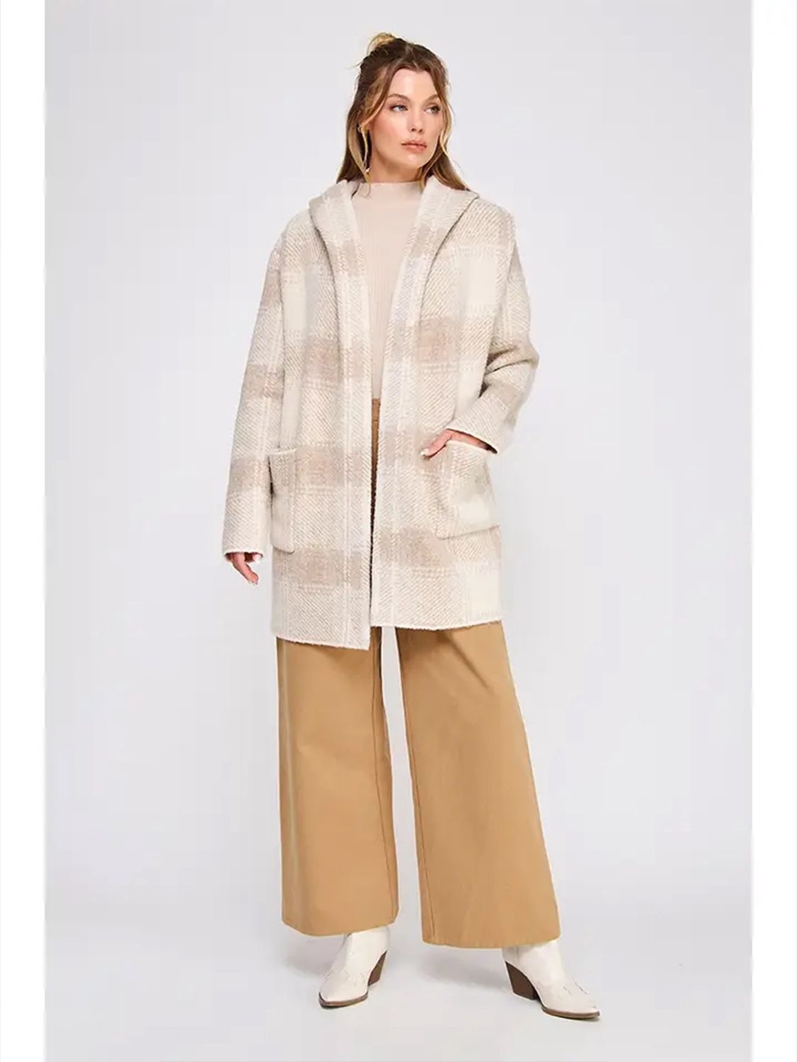 Allie Rose | Jacket | Long Neutral Plaid