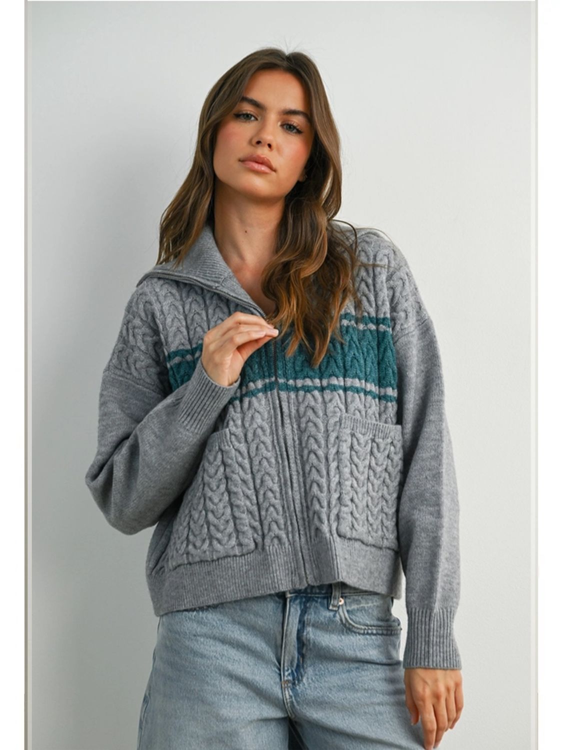 Buttermelon | Jacket | Knit Zip Teal Gray