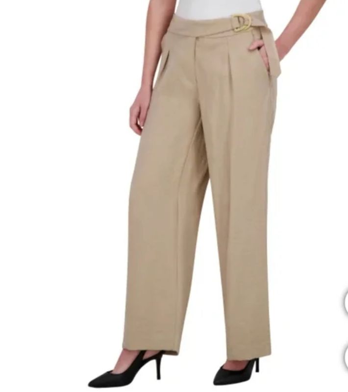 DKNY TAN BELTED WIDE LEG PANTS