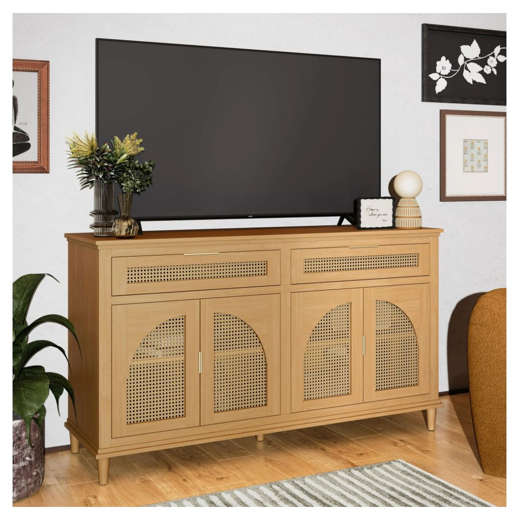 Beautiful Drew Rattan Media Console Warm Honey finish