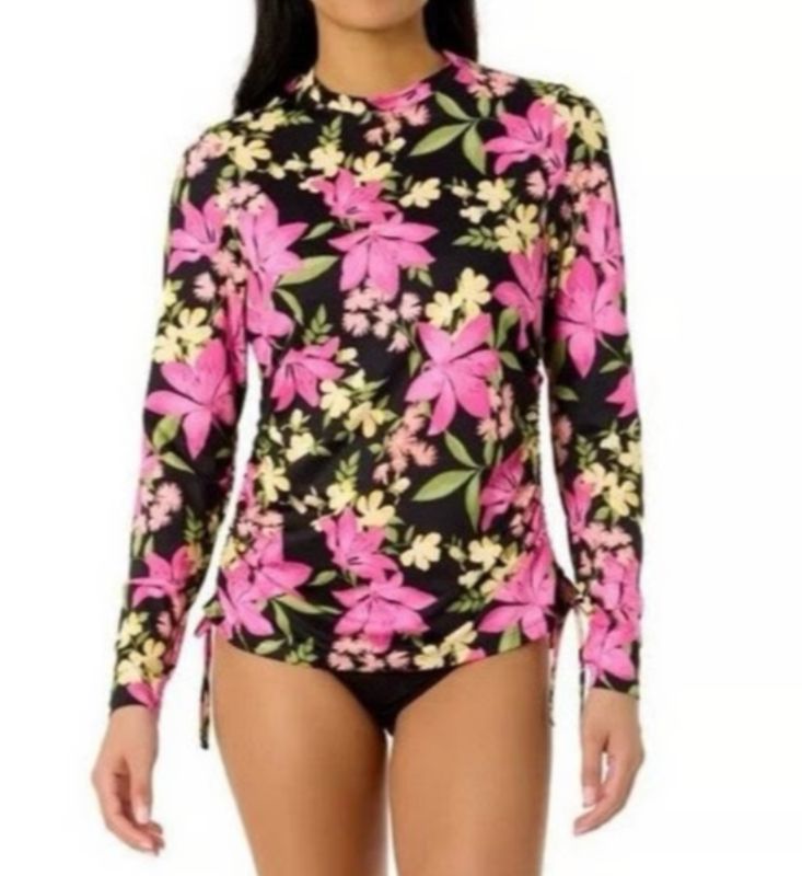 Hurley long sleeve black floral sun protection rash guard swim top.