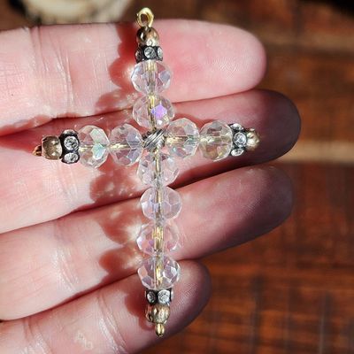 Crystal beads and wire pocket cross pendant, pocket cross, keychain, or mirror hanger silver accent wire