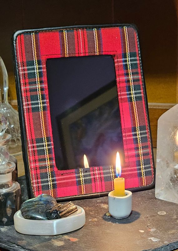 Black Scrying Mirror- Plaid and Leather - Altar Tool