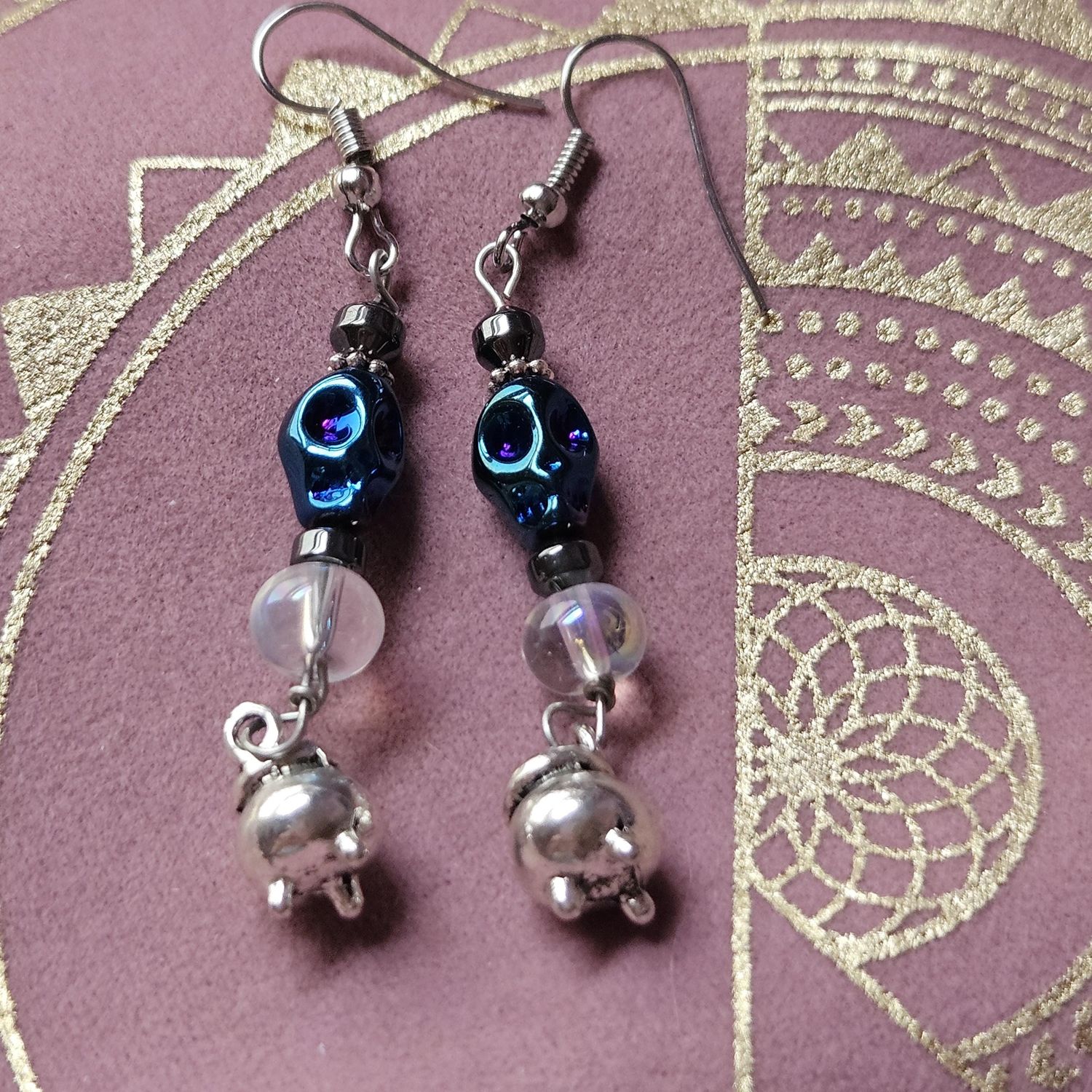 Witchy Skull and Cauldron Earrings with Mermaid Glass