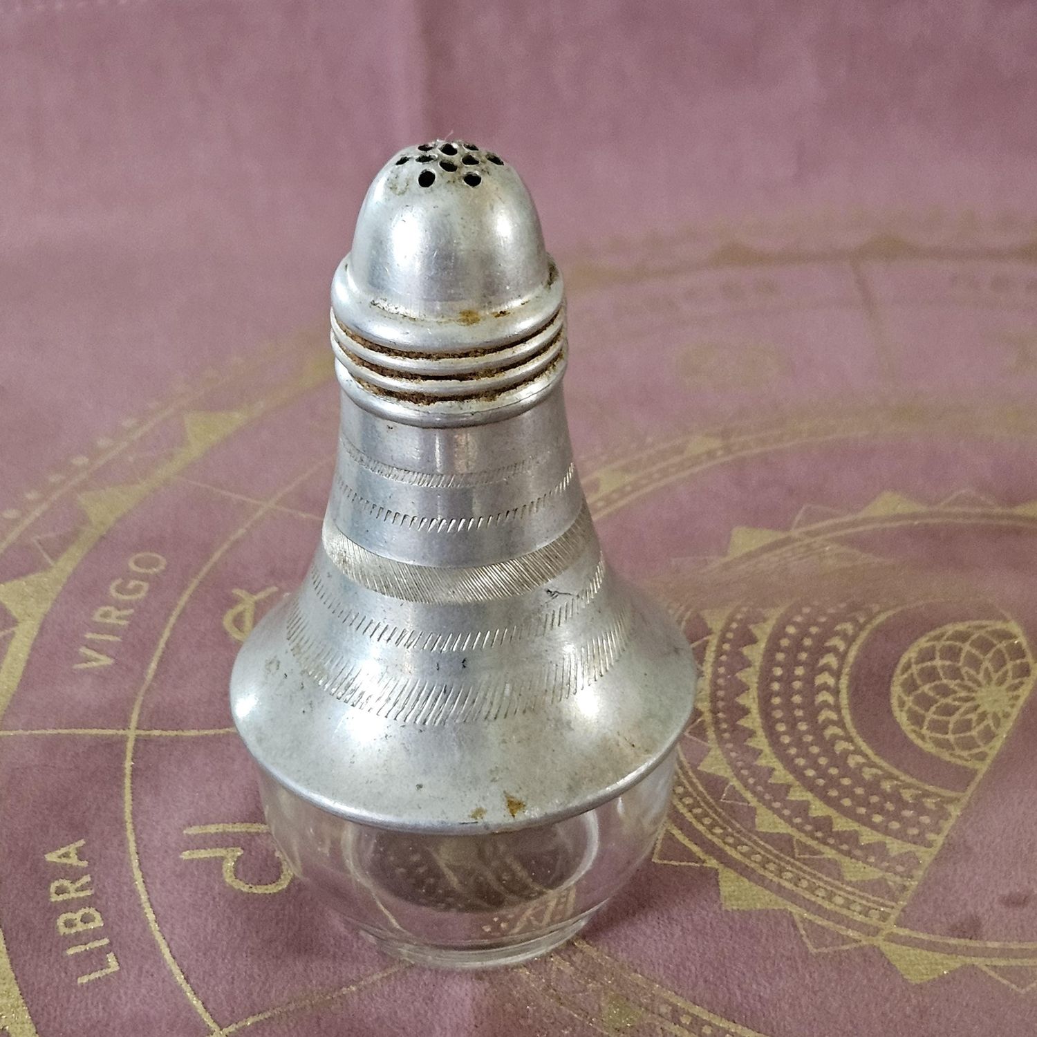 Vintage 1940s Aluminum &amp; Glass Salt Shaker | Altar Vessel for Ritual Herbs, Salts, or Ashes