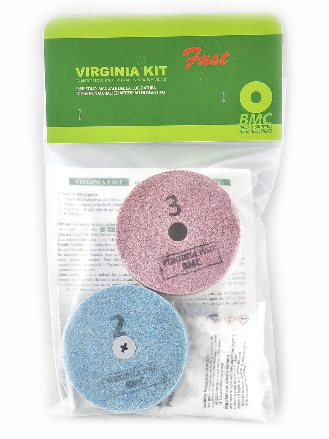 BMC VIRGINIA FAST kit for the manual restoration of polished marble by 3 diamond abrasive sponge fiber pads and 100 gr polishing powder to restore the marble polish