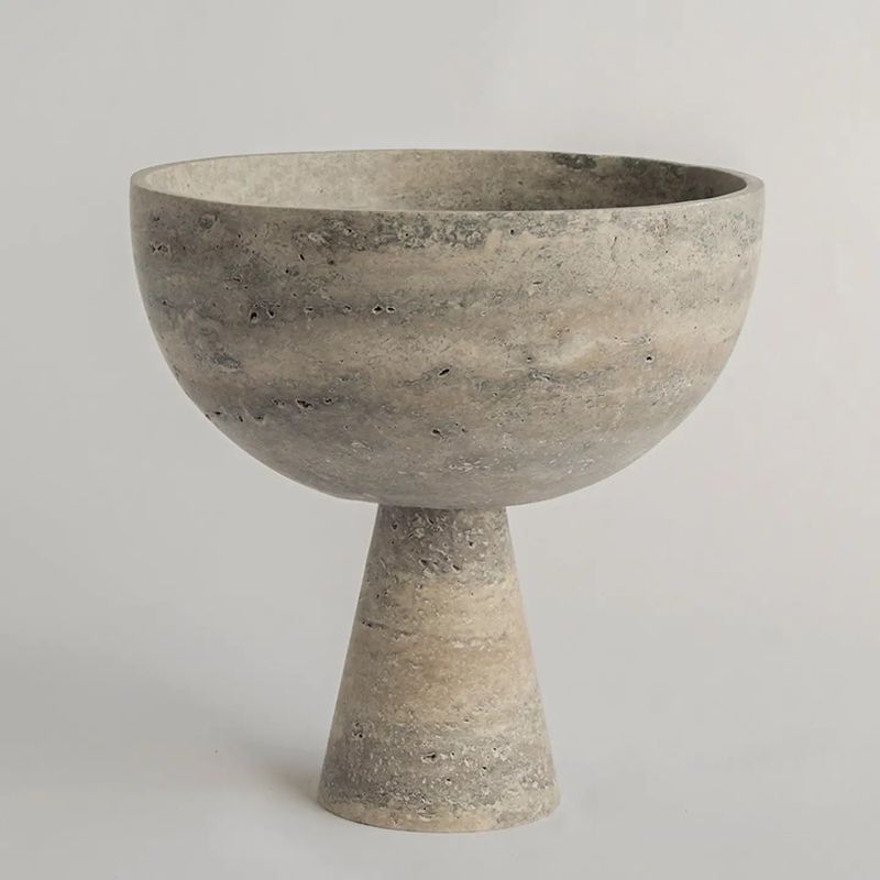 SILVER TRAVERTINE PEDESTAL BOWL SILVER TRAVERTINE PEDESTAL BOWL