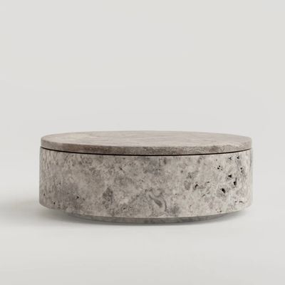 SILVER TRAVERTINE CYLINDER BOWL WITH LID SILVER TRAVERTINE CYLINDER BOWL WITH LID
