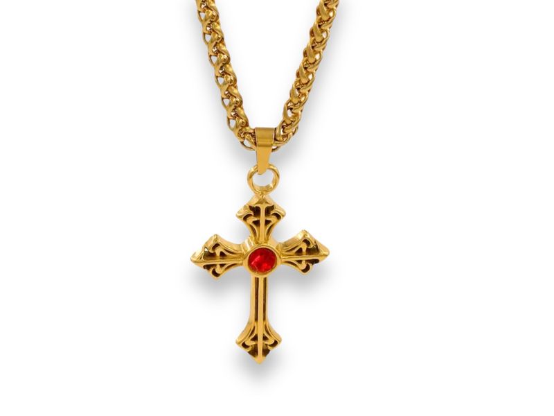 CROSS NECKLACE WITH RED GEMSTONE