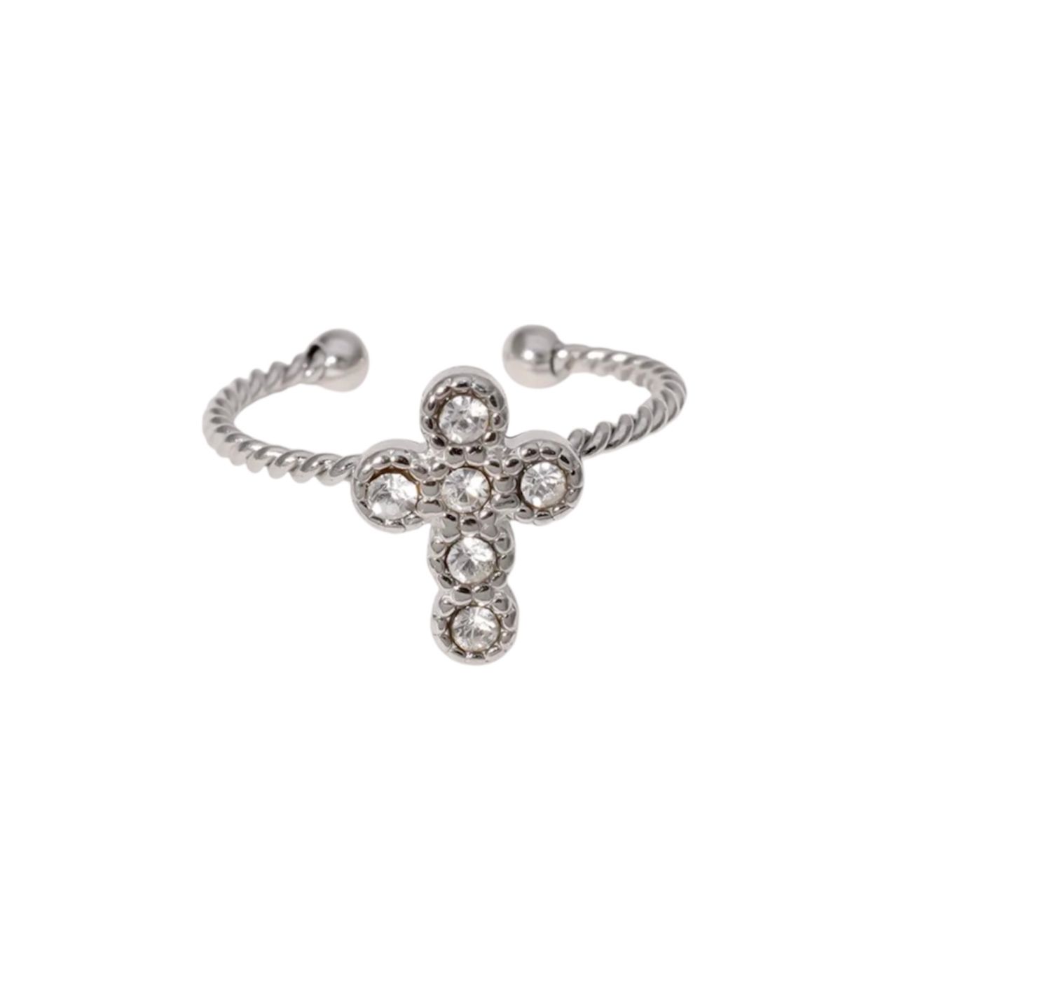 ADJUSTABLE DAINTY SILVER CROSS RING