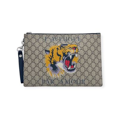 GUCCI BEIGE GG SUPREME ‘L’ AVEUGLE PAR AMOUR’ TIGER POUCH IN NATURAL