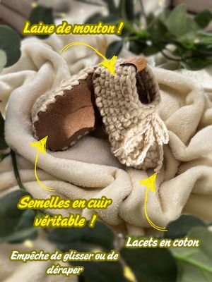 🧸 Chaussons bébé en laine naturelle – Modèle Loomi couleur crème