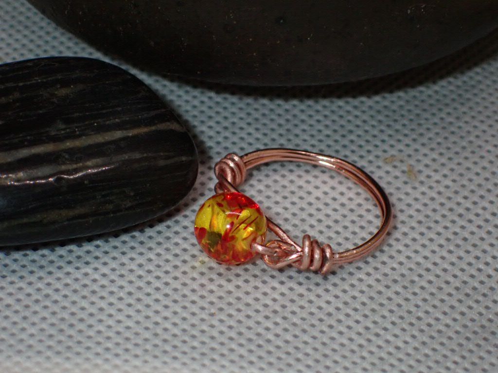 Copper and Yellow Fire Glass Bead Ring - SIZE 7