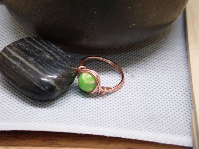 Green Glass Bead in Copper Wire Ring - Size 7