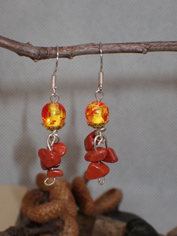 Yellow Fire Glass Beads with Red Jasper Nuggets