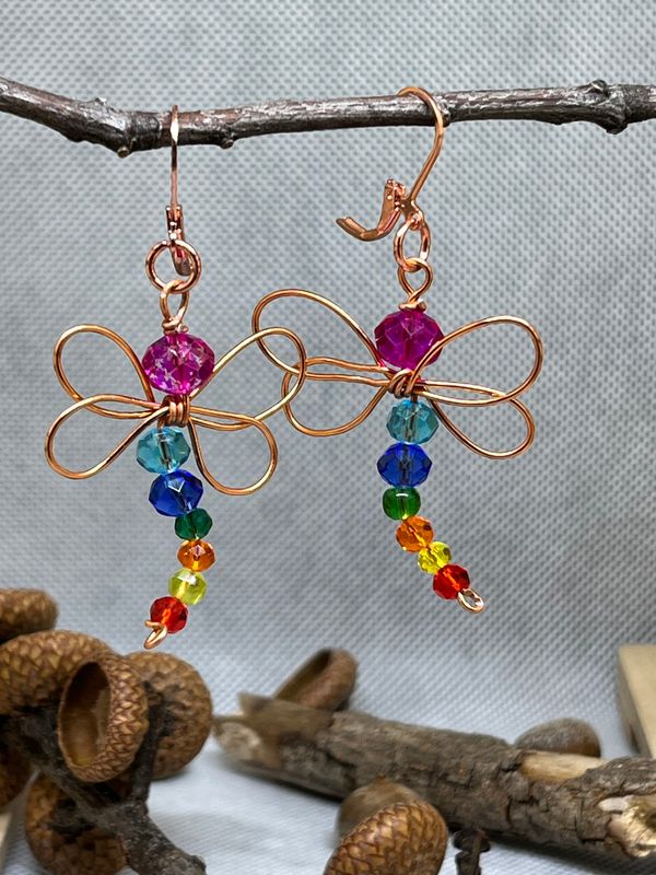 Wire and Seed Bead Dragonfly Earrings