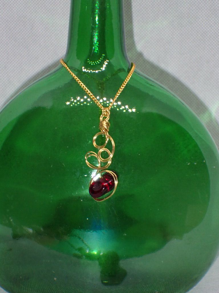Red Glass Bead Wrapped in Gold Wire on 20 inch Gold Chain with Lobster Clasp