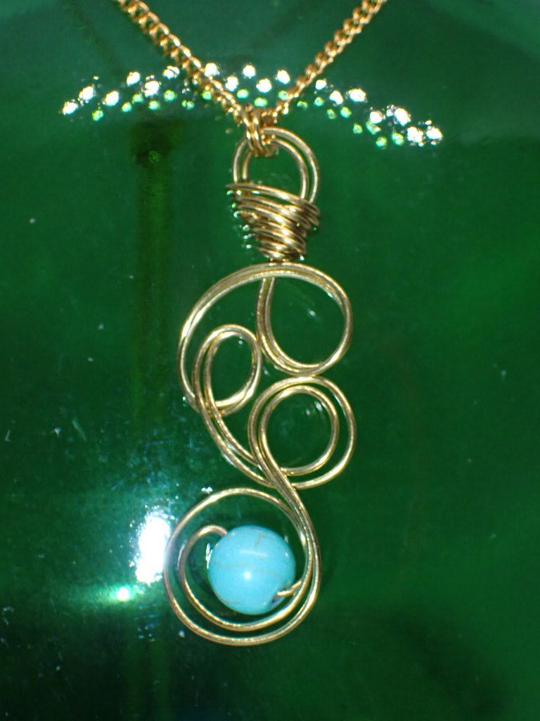 Turquoise Bead Wrapped in Gold Wire on 20 inch Gold Chain with Lobster Clasp