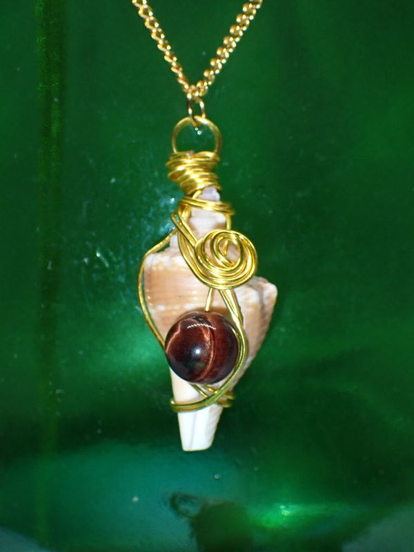 Small Conch Seashell with Tiger’s Eye Bead and Gold Wire with 20 inch Gold Chain with Lobster Clasp