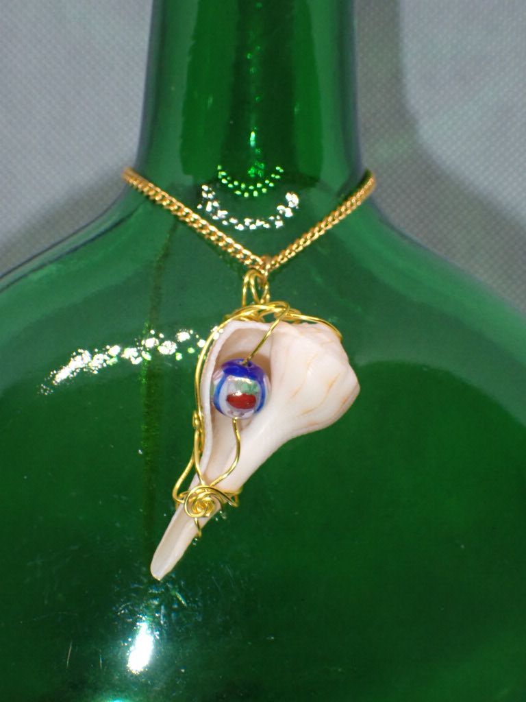 Small Welk Seashell with Bohemian Glass Bead and Gold Wire on 20 inch Gold Chain with Lobster Clasp
