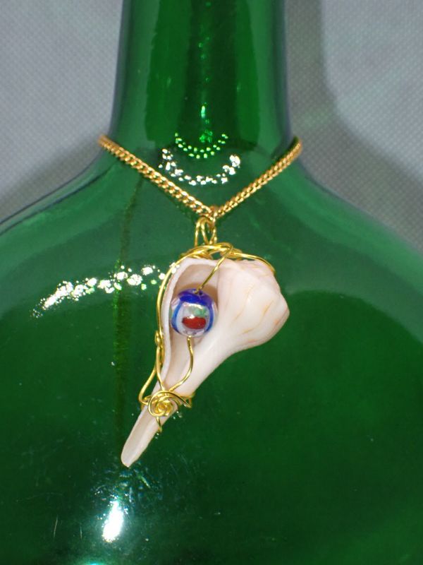 Small Welk Seashell with Bohemian Glass Bead and Gold Wire on 20 inch Gold Chain with Lobster Clasp