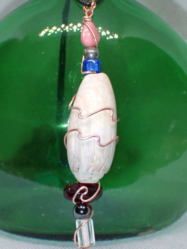 4in Olive Shell Wrapped in Copper Wire with Wave Accent and Red, Pink, and Blue Glass Beads on 16in Black Cord Necklace