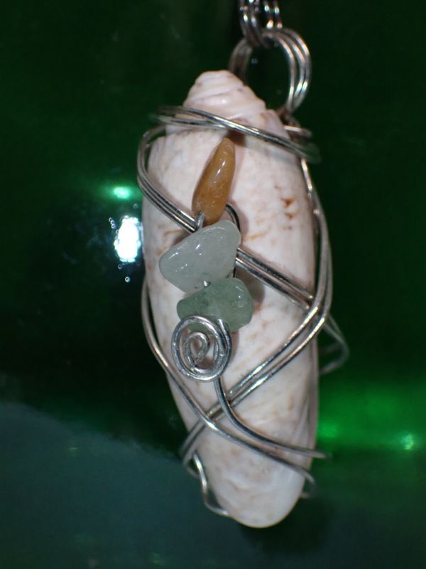 2 in Olive Shell with Silver Wire Wrap and Green Amethyst Beads on 16 inch Gold Chain Black Cord Necklace